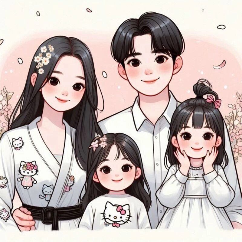 ảnh gia đình hoạt hình 4 người 2 con gái