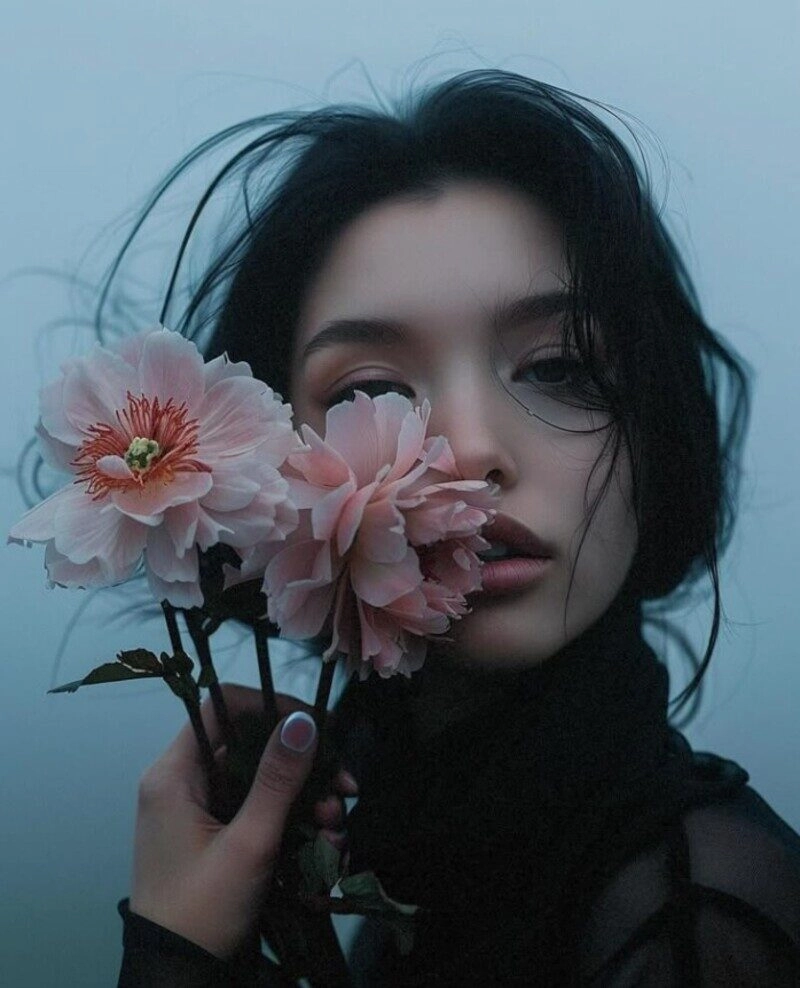 ảnh cô gái cầm hoa che mặt buồn