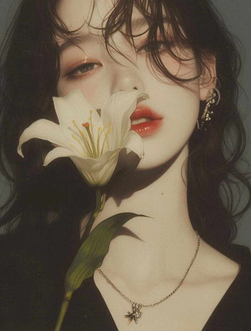 ảnh cô gái cầm hoa che mặt buồn